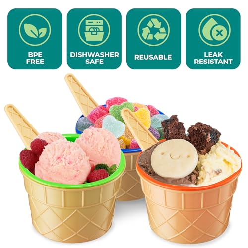 JoyServe Ice Cream Bowls and Spoons Set - Reusable Plastic Ice Cream Cups and Waffle Cone Shaped Spoons for Dessert Ice Cream Sundaes, Frozen Yogurt, Gelato, Birthday Party Decorations